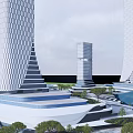 Modern Office Building Complex With Tall Towers Green Landscaping And Unique Architectural Design 3d model