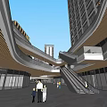 Modern High Rise Hotel Building Complex With Green Roof Plaza Water Feature And Pedestrian Walkways