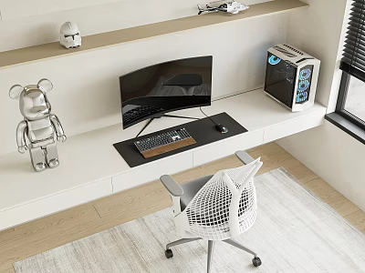 Modern White Desk With Curved Monitor Keyboard Mouse Silver Toy Figure Computer Case Mesh Chair 3d model