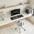 Modern White Desk With Curved Monitor Keyboard Mouse Silver Toy Figure Computer Case Mesh Chair
