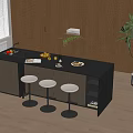 Modern Dining Table Set With Black Countertop Three White Bar Stools Wooden Cabinets And Plants