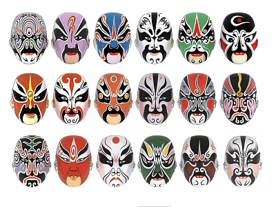 Traditional Chinese Opera Masks With Various Colors And Unique Artistic Patterns 3d model