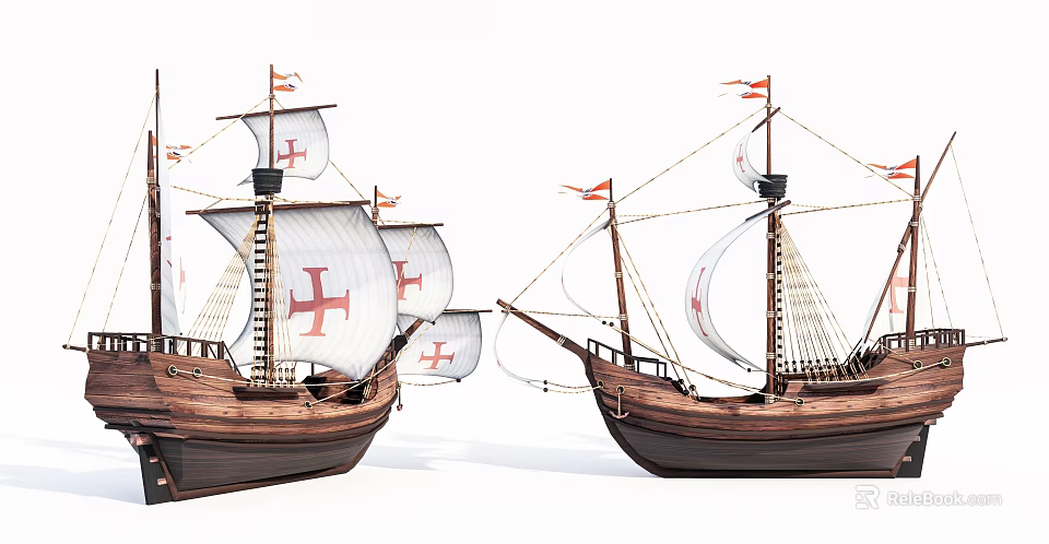 Two Vintage Wooden Sailing Ships With Red Cross Sails Masts And Flags 3d model 