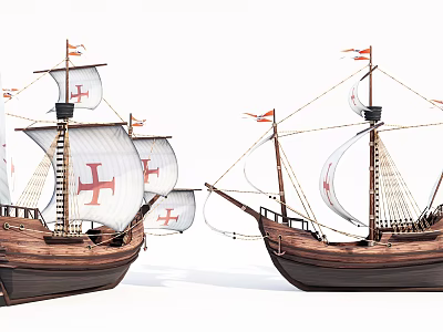Two Vintage Wooden Sailing Ships With Red Cross Sails Masts And Flags 3d model