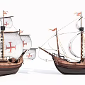 Two Vintage Wooden Sailing Ships With Red Cross Sails Masts And Flags