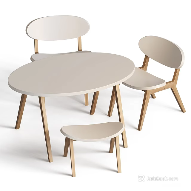 Light Gray Kids Table With Modern Simple Design Two Chairs And Wooden Legs Small Stool 3d model 