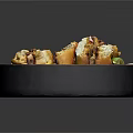 Freshly Made Layered Sandwiches With Vegetables Sauce And Lime Garnish On Dark Plate