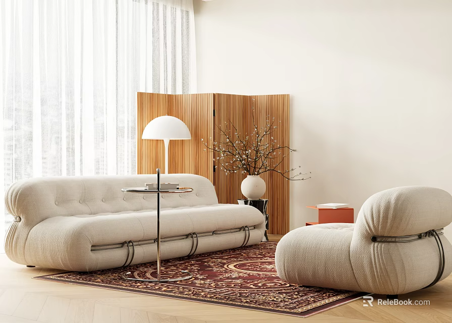 Modern Minimalist Sofa and Coffee Table Set with White Armchair Floor Lamp and Patterned Rug 3d model 