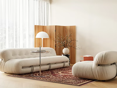 Modern Minimalist Sofa and Coffee Table Set with White Armchair Floor Lamp and Patterned Rug 3d model