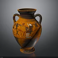 Sculpted Vase With Two Handles And Orange Black Figural Carvings