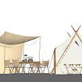 Two Canvas Tents With Open Doorways Wooden Tables Chairs And String Lights