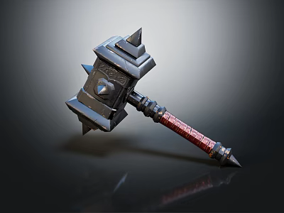 Heavy Duty Metal Hammer With Spiked Head And Red Decorative Handle 3d model