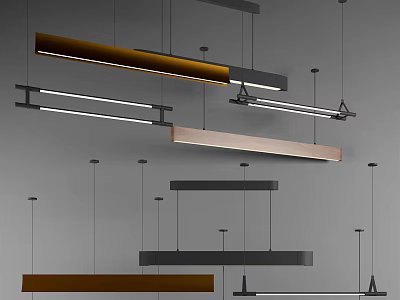 Modern Interior Design With Sleek Linear Pendant Lights In Brown White Black 3d model
