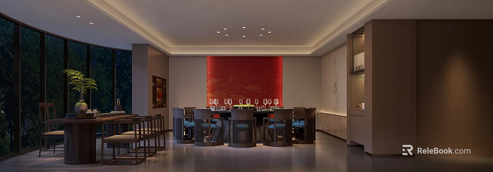 Elegant Private Dining Room Interior With Red Backdrop Dining Table Chairs And Ceiling Lights 3d model