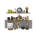 Elegant Decorative Ornaments Set with Fruits Cutting Board Ceramic Plates and Vases on Shelves