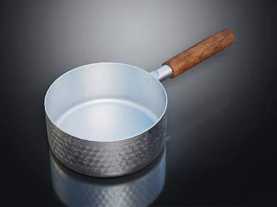 Silver Hammered Cooking Pan With Wooden Handle For Kitchen Use 3d model