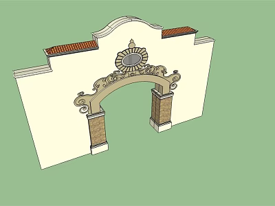 Building Exterior Wall With Arched Doorway Stone Columns Ornate Carvings And Red Tile Roof 3d model