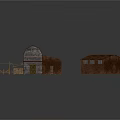 Cartoon Farm Scene With Small And Large Red Brown Barns And Wooden Fence