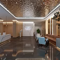 Hotel Lobby Interior With Shiny Ceiling Marble Floor Seating Area Indoor Plant And Large Windows