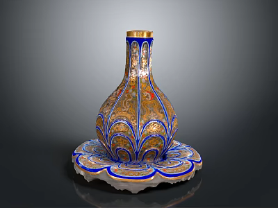 Intricate Sculpture Carving With Gold Blue Patterns And Lotus Base Vase 3d model