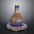 Intricate Sculpture Carving With Gold Blue Patterns And Lotus Base Vase