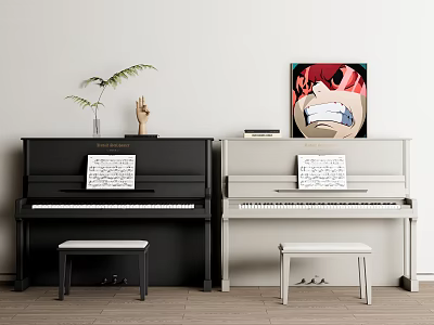 Black And White Pianos With Music Sheets And Wall Art In Decorative Interior Space 3d model