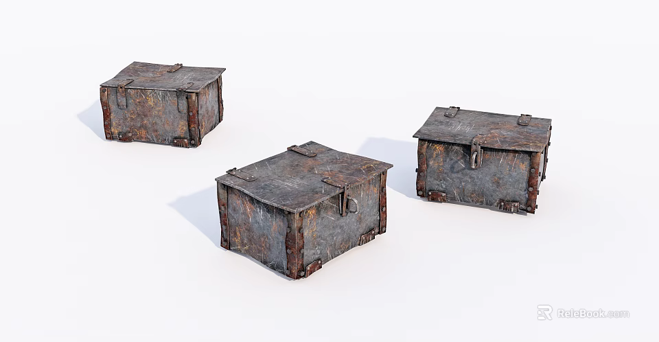 Three Vintage Rusty Metal Chests With Worn Edges And Rusted Surfaces 3d model 