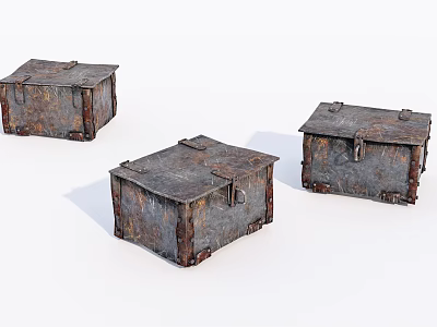 Three Vintage Rusty Metal Chests With Worn Edges And Rusted Surfaces 3d model
