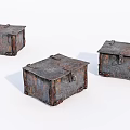 Three Vintage Rusty Metal Chests With Worn Edges And Rusted Surfaces