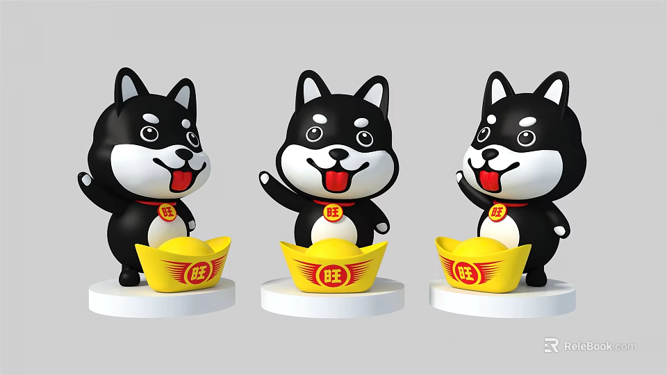 Cartoon Shiba Inu Dolls with Red Tongue and Wang Characters on Gold Ingots 3d model 