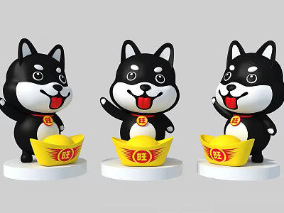 Cartoon Shiba Inu Dolls with Red Tongue and Wang Characters on Gold Ingots 3d model