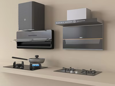 Modern Kitchen Appliances Including Wall Mounted Range Hoods And Gas Stoves 3d model