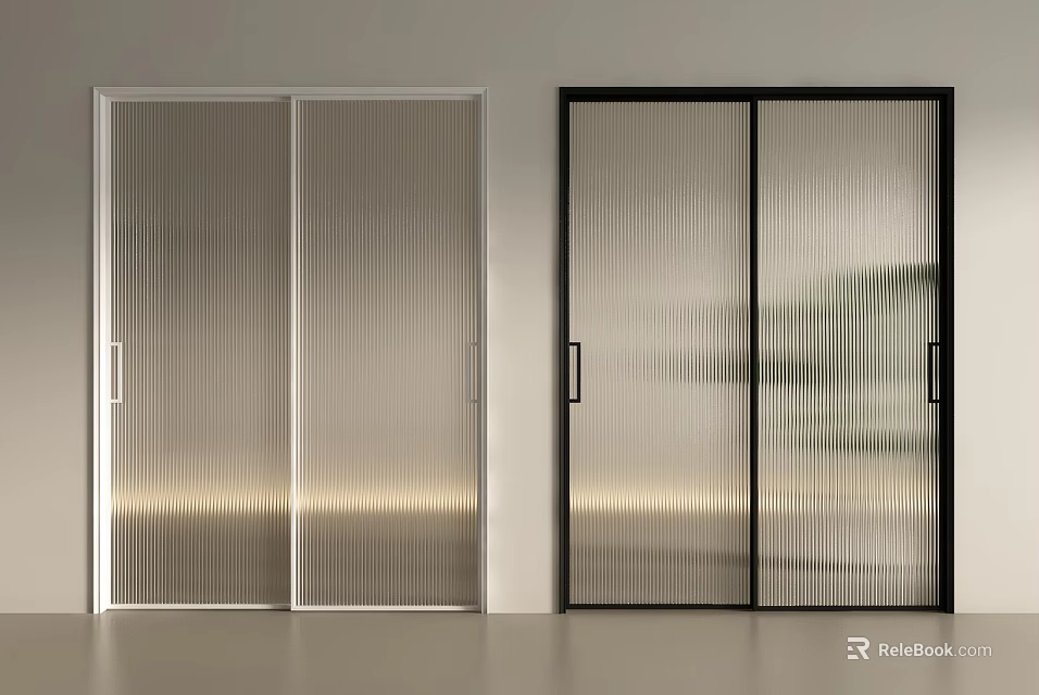 Modern Interior Double Sliding Doors With Ribbed Glass And White Black Frames 3d model