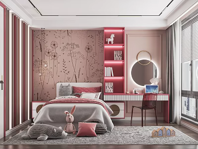Pink Kids Room Interior With Floral Wall Decor Rabbit Plush Study Desk And Mirror 3d model