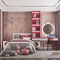 Pink Kids Room Interior With Floral Wall Decor Rabbit Plush Study Desk And Mirror