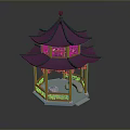 Decorative Chinese Pavilion Model with Purple Multi Tiered Roof and Orange Pillars Hexagonal Base