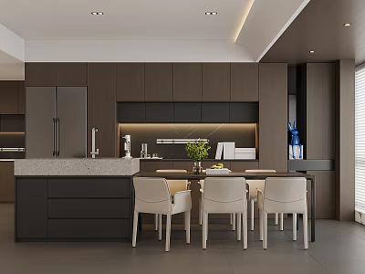 Modern Restaurant Kitchen Interior With Dark Cabinets Marble Countertop White Chairs And Dining Area 3d model