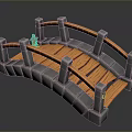3D Model Arched Bridge Featuring Gray Stone Base And Orange Wooden Planks With Railings