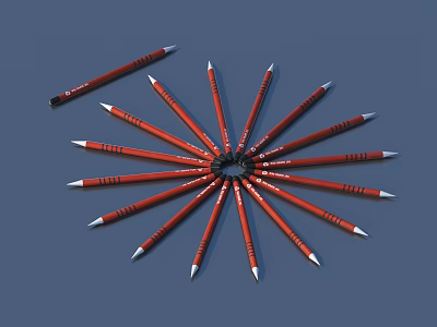 Red Pens Radially Arranged With One Single Pen On Blue Background 3d model