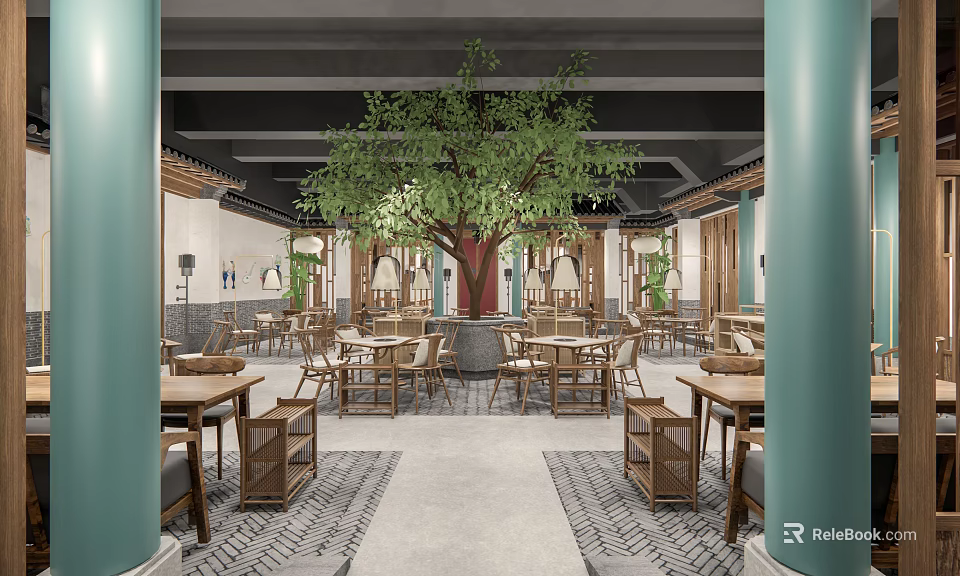 Chinese Style Restaurant Interior With Large Tree Center Wooden Tables Chairs Green Pillars Patterned Floor 3d model 