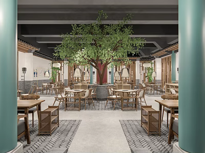 Chinese Style Restaurant Interior With Large Tree Center Wooden Tables Chairs Green Pillars Patterned Floor 3d model