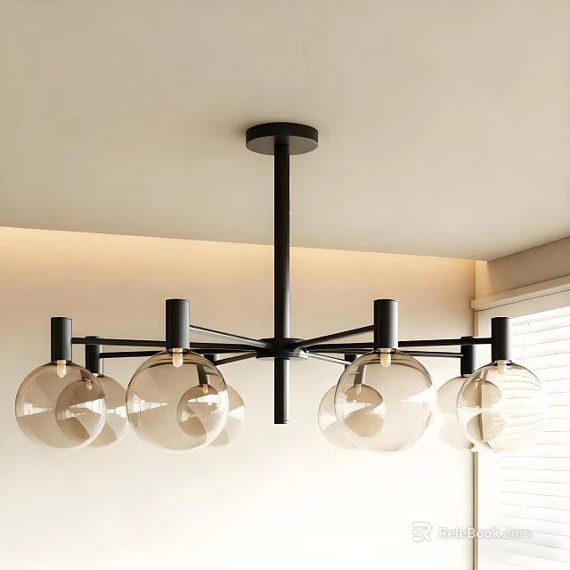 Modern Black Metal Chandelier with Transparent Glass Globe Shades in Contemporary Living Room Interior 3d model 