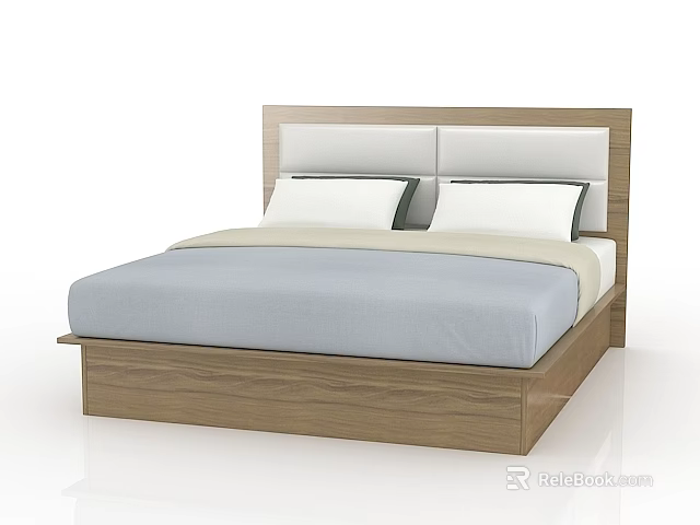 Modern Double Bed With Wooden Frame And Upholstered Headboard Light Colored Sheets 3d model