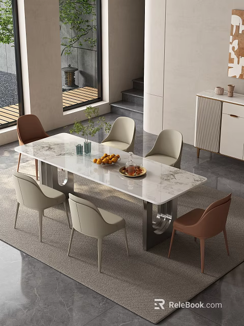Modern Restaurant Interior With Marble Dining Table Beige And Brown Chairs Fruit Platter And Vase 3d model 