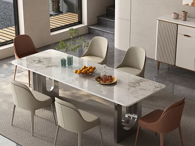 Modern Restaurant Interior With Marble Dining Table Beige And Brown Chairs Fruit Platter And Vase 3d model