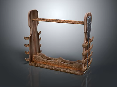 Wooden Decorative Rack With Multiple Hooks And Textured Brown Base For Storage 3d model