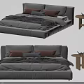 Sleek Gray Upholstered Double Bed With Brown And Gray Pillows And Side Table 3d model