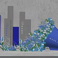 Blue And White Floral Decoration For Wave Mansion With Columns And Decorative Balls