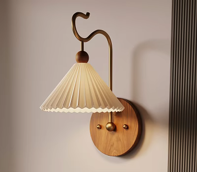 Wooden Base Wall Lamp With Brass Arm And Pleated White Lampshade Design 3d model