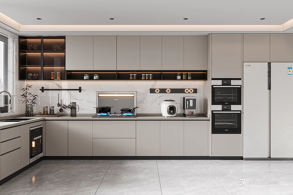 Modern Kitchen Interior Design With Gray Cabinets Countertop And Appliances 3d model